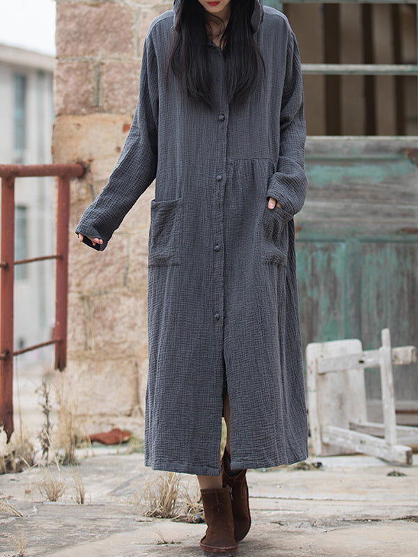 Solid Color Split-Joint Long Sleeves Loose Hooded Outerwear