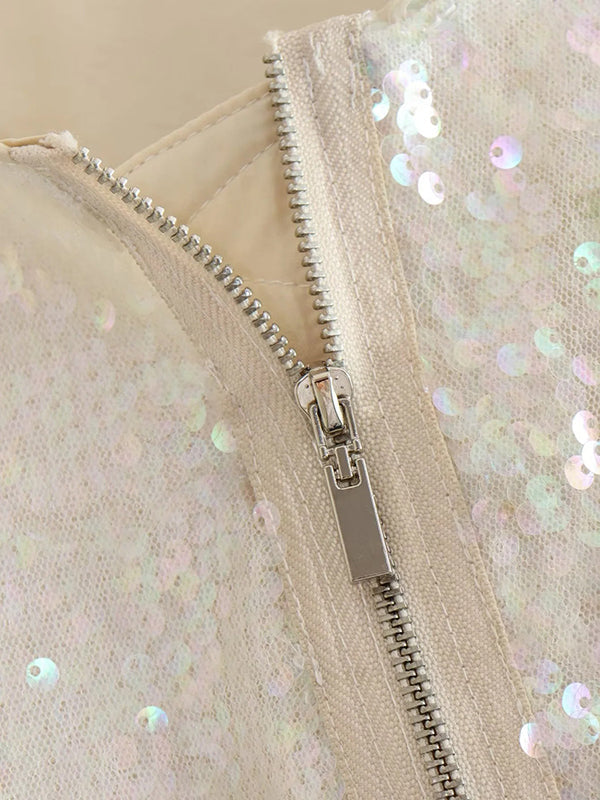 Sequined Zipper Loose Puff Sleeves Round-Neck Outerwear Jackets