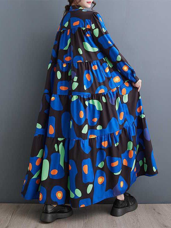 Buttoned Pleated Printed Split-Joint A-Line Long Sleeves Round-Neck Midi Dresses