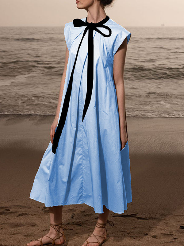 Pleated Tied A-line Loose Round-neck Midi Dresses