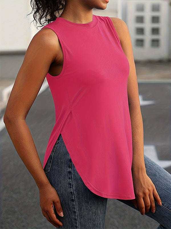 Solid Color Split-Side Loose Sleeveless Round-Neck Vest Top Cover-Ups Tops
