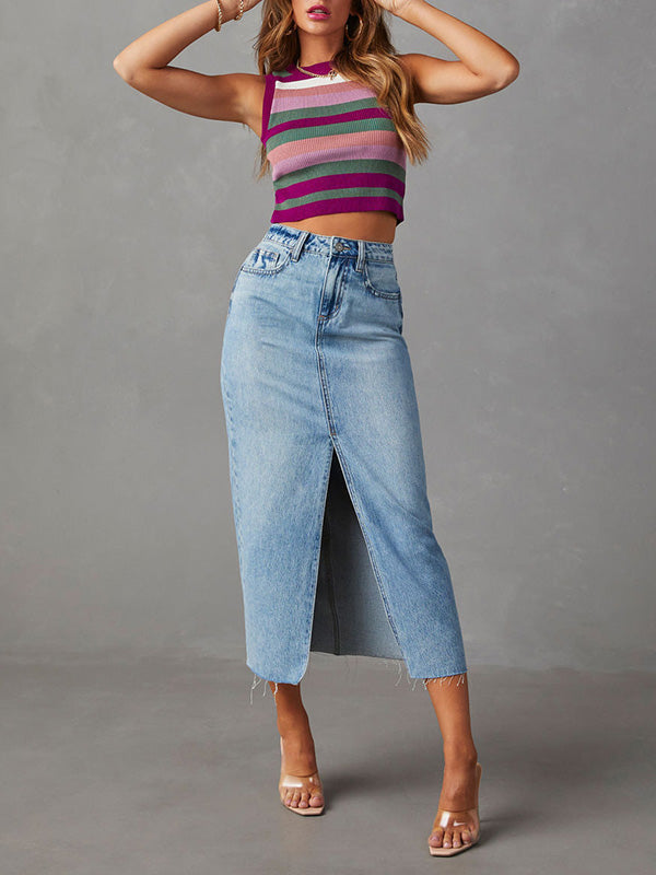 Fringed Pockets Split-Front A-Line High Waisted Skirts Bottoms