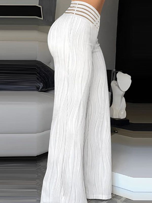 Elasticity Hollow Pleated Solid Color Loose Wide Leg Trousers Pants