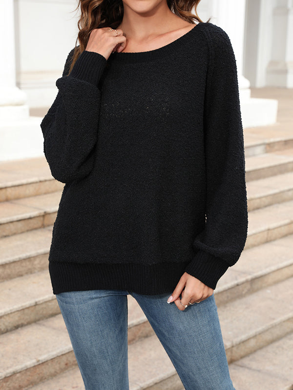 Solid Color Split-Joint Long Sleeves Loose Round-Neck Sweater Tops Pullovers