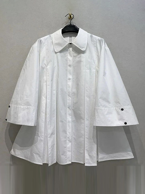 Buttoned Pleated Solid Color Long Sleeves Lapel Shirt Dress Midi Dresses