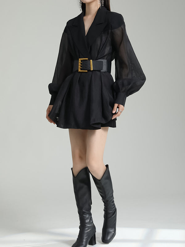 Belted See-Through Puff Sleeves Loose Lapel Blouses&shirts Tops