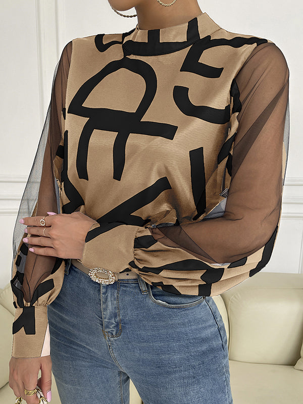 Buttoned Hollow Letter Print See-Through Split-Joint Long Sleeves Round-neck Shirts Tops Blouses&shirts Tops