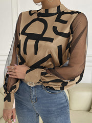 Buttoned Hollow Letter Print See-Through Split-Joint Long Sleeves Round-neck Shirts Tops Blouses&shirts Tops