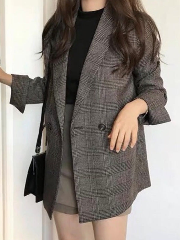 Buttoned Pockets Split-Joint Long Sleeves Loose Notched Collar Outerwear Blazer