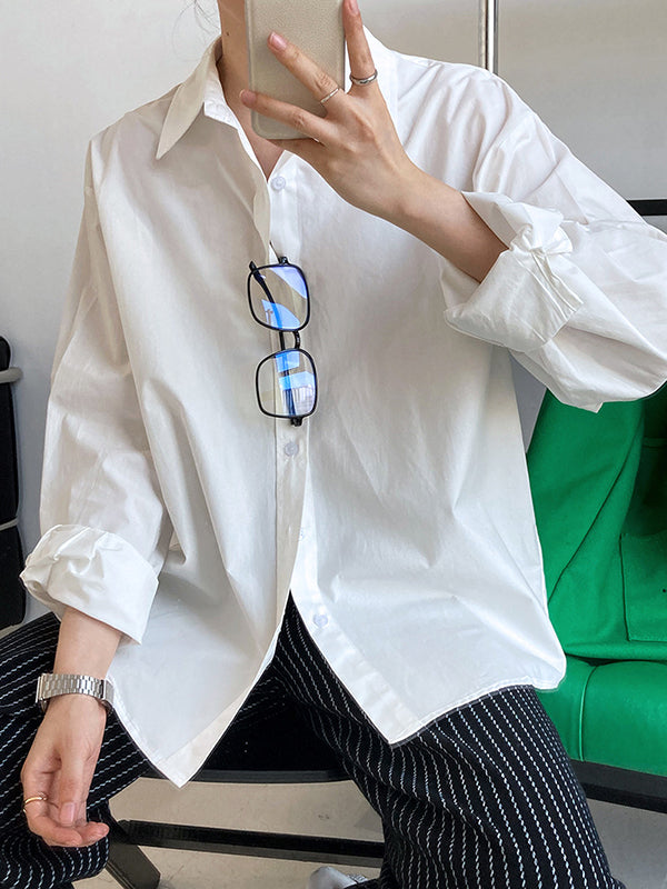 Simple Loose Long Sleeves Buttoned Solid Color Lapel Collar Blouses&Shirts Tops
