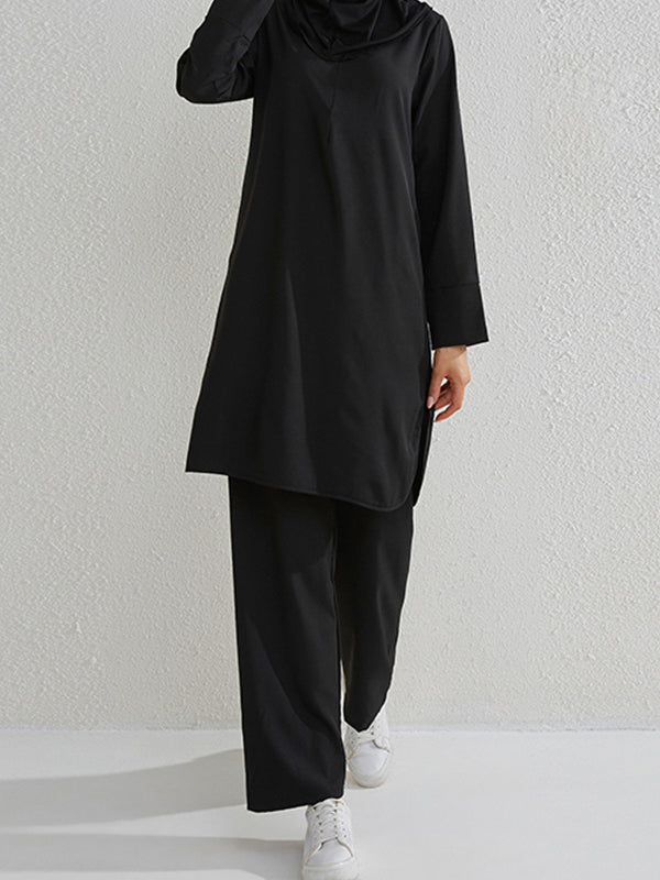 Round-Neck Long Sleeves Pockets Solid Color Split-Side Shirts Top + Pants Bottom Two Pieces Set