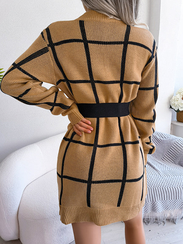 Belted Contrast Color Plaid Elasticated Waist Long Sleeves Round-Neck Sweater Dresses Mini Dresses