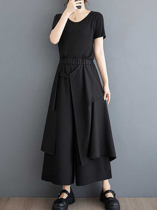 Elasticity Pockets Solid Color High Waisted Loose Trousers Ninth Pants