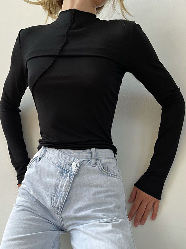 Asymmetric Solid Color Long Sleeves Skinny Mock Neck T-Shirts Tops