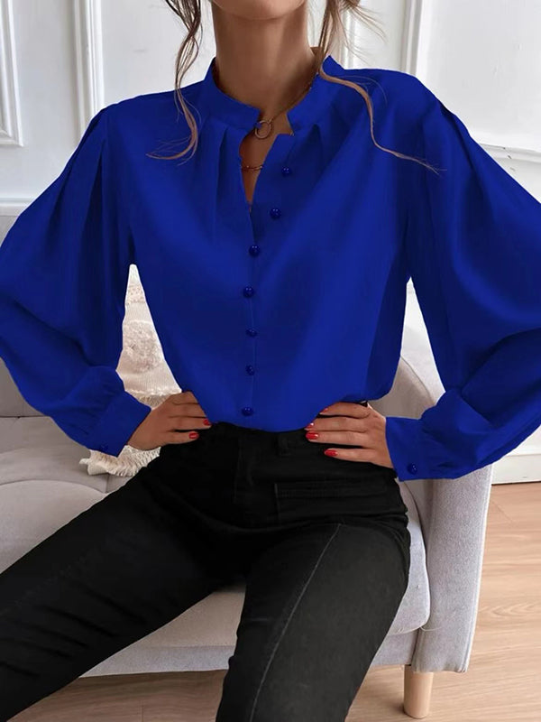 Pleated Solid Color Split-Joint Loose Puff Sleeves Stand Collar Blouses
