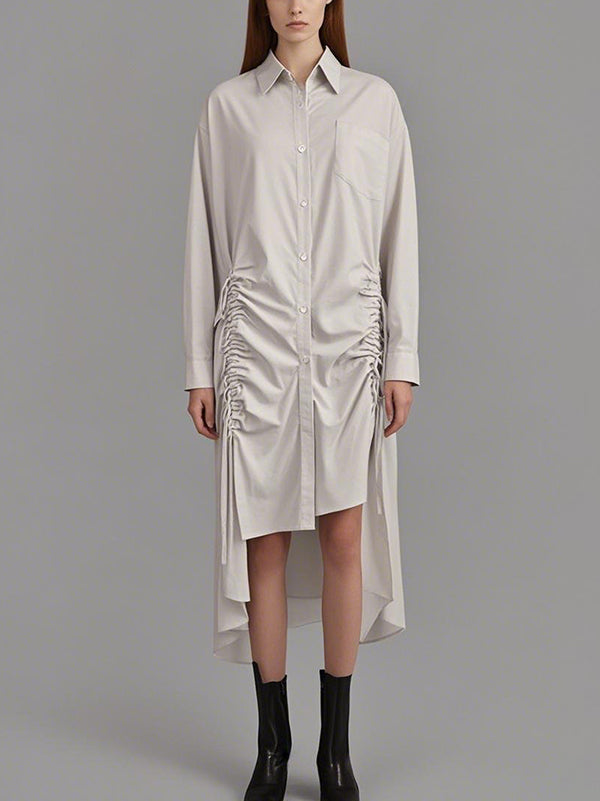 Buttoned Drawstring Pleated Pockets Solid Color High-Low Long Sleeves Lapel Midi Dresses