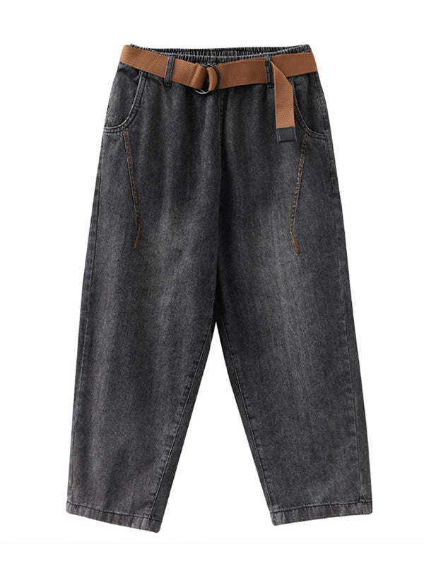 Artistic Retro Loose Velvet Elasticity Belted Jean Pants