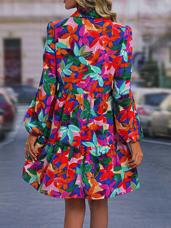Floral Printed Pleated Printed Split-Joint Loose Puff Sleeves Lapel Mini Dresses