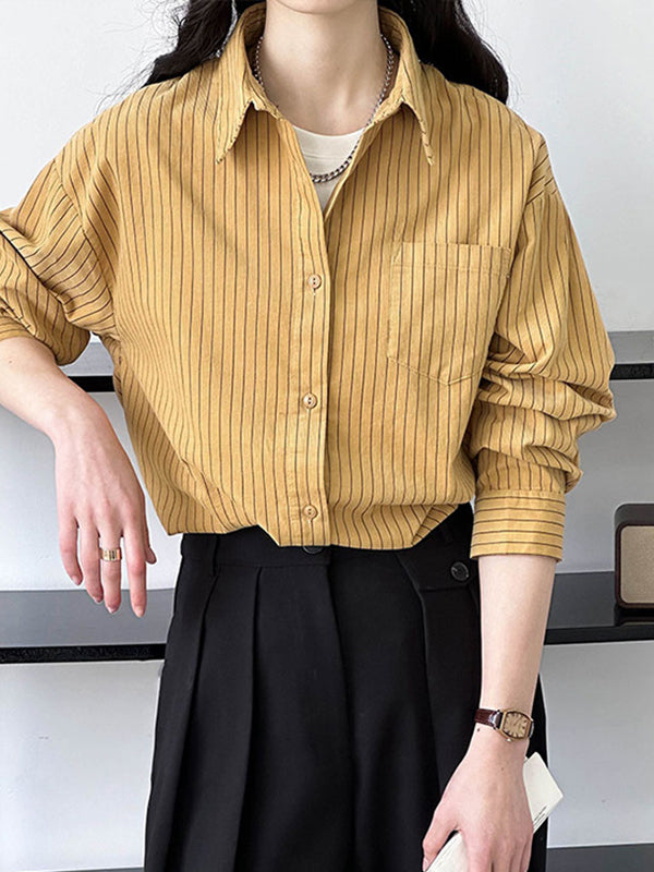 Buttoned Pockets Striped Long Sleeves Loose Lapel Blouses&Shirts Tops
