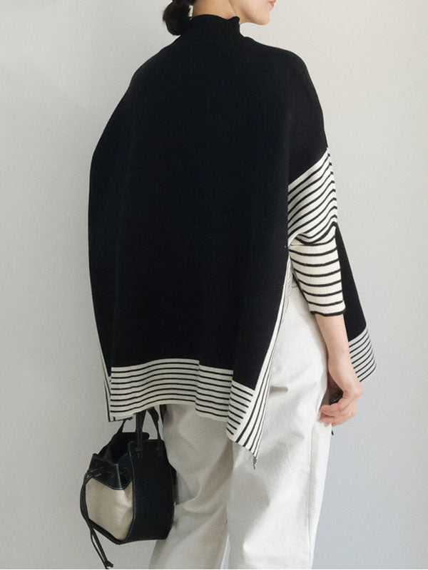 Split-Joint Split-Side Striped Batwing Sleeves Loose High Neck Sweater