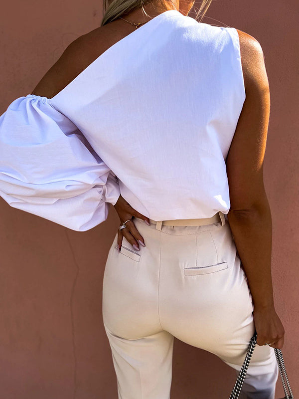 Asymmetric Elasticity Solid Color Long Sleeves Loose One-shoulder Blouses&shirts Tops