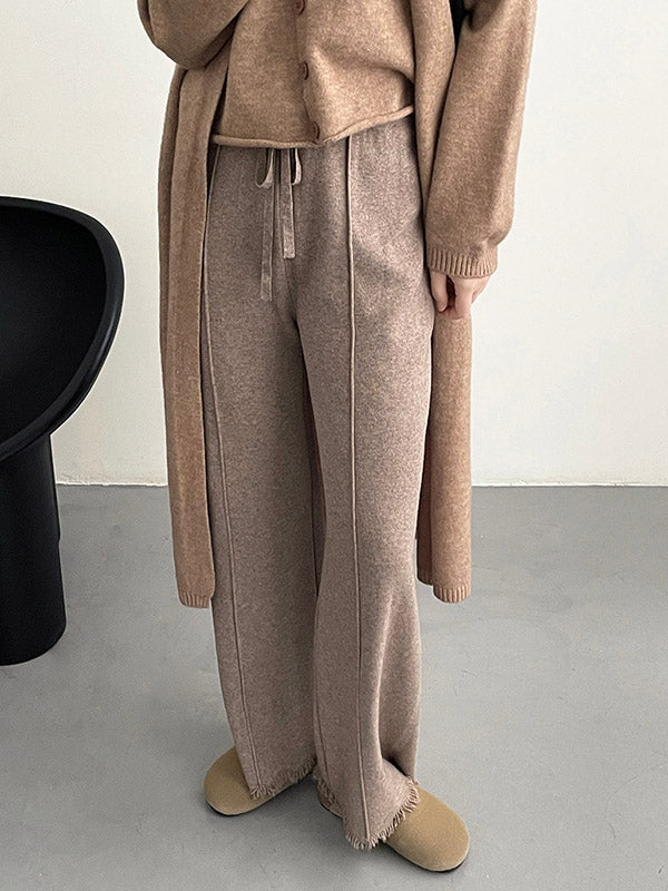 Fringed Pleated Solid Color Split-Joint Tied Waist High Waisted Loose Trousers Pants