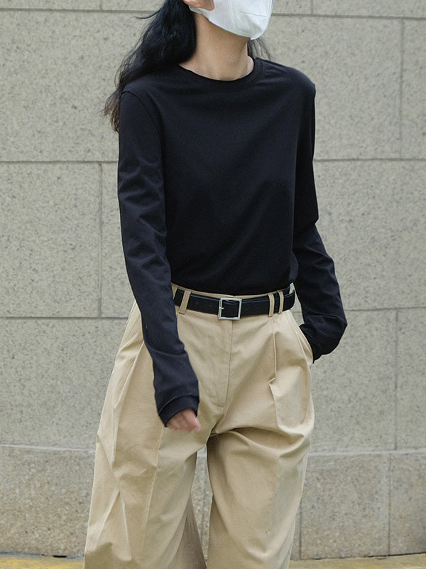 Simple Loose Long Sleeves Solid Color Round-Neck T-Shirts Tops