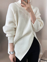 Split-Joint Split-Side Zipper Long Sleeves Loose High Neck Sweater Tops