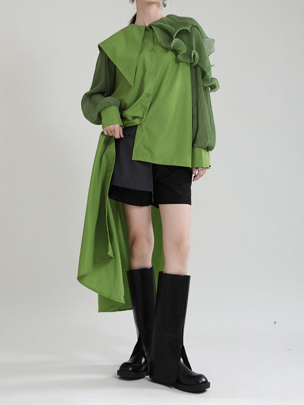Asymmetric Pleated Solid Color Split-Joint Falbala Long Sleeves Loose Lapel Blouses&shirts Tops