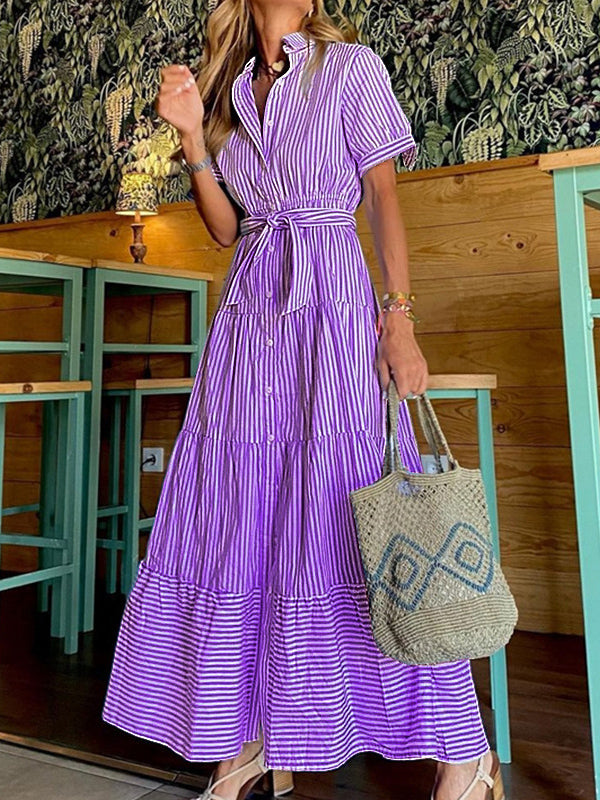 Striped Loose Short Sleeves Lapel Maxi Dresses