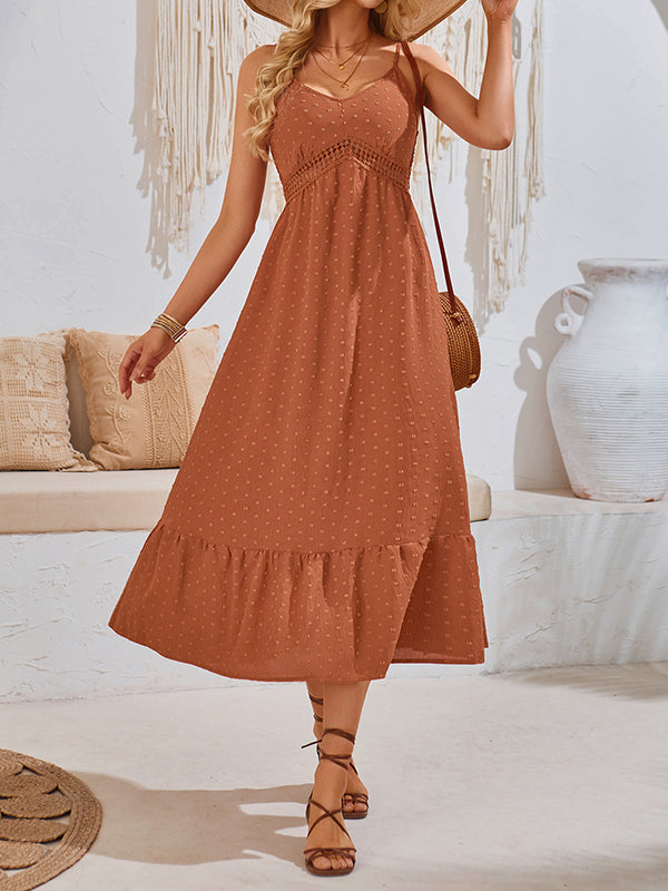 Hollow Jacquard Pleated Solid Color Split-Joint A-Line Loose Spaghetti-Neck Midi Dresses