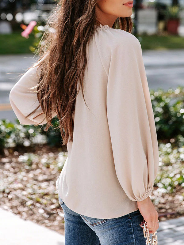 Elasticity Pleated Ruffle Trim Solid Color Long Sleeves Loose Deep V-Neck T-Shirts Tops