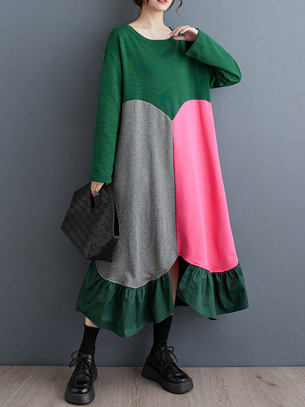 Contrast Color Pleated Split-front Split-Joint A-line Long Sleeves Round-neck Midi Dresses