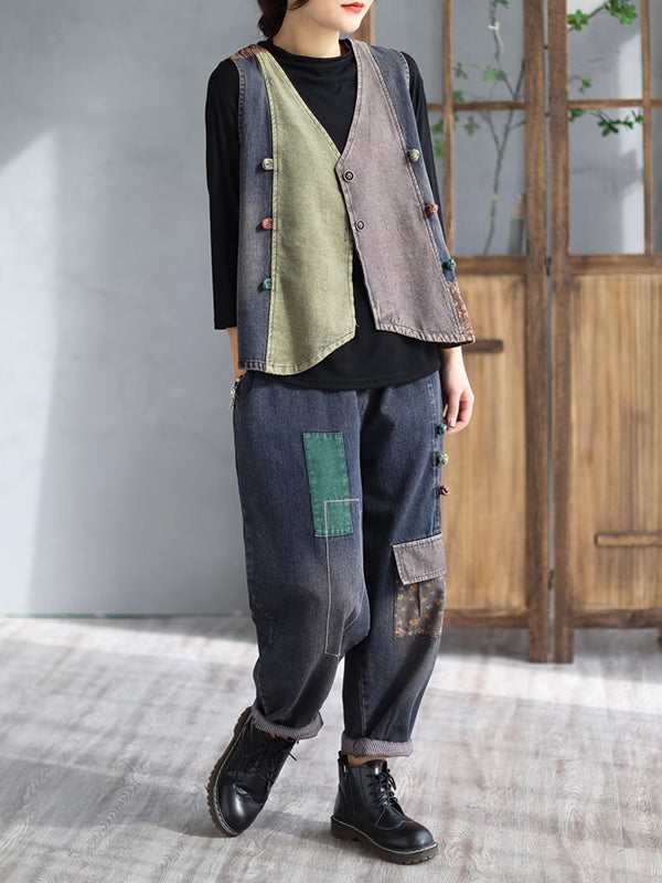 Loose Split-Joint V-Neck Vest Top + Jean Harem Pants Bottoms  Two Pieces Set