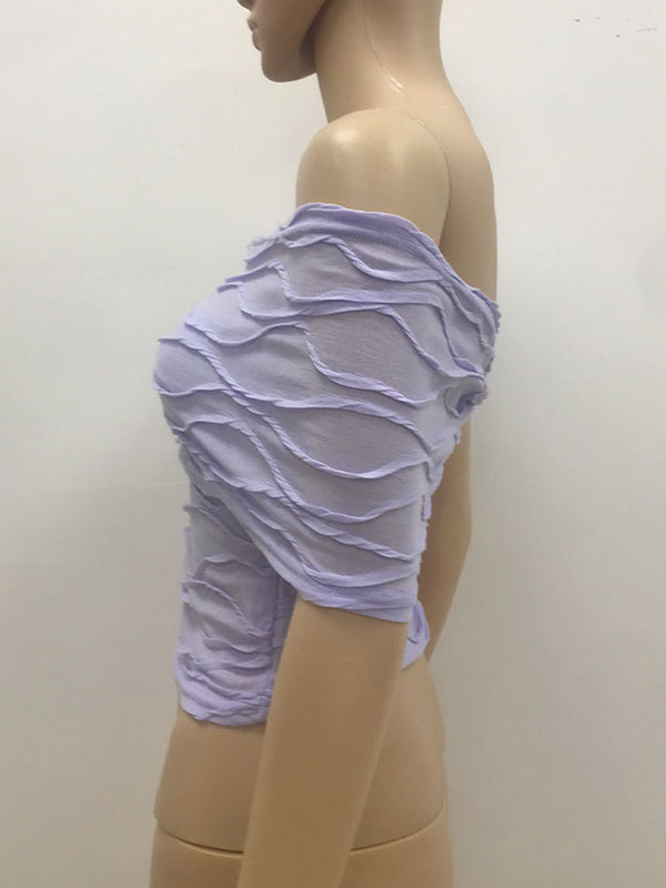 Jacquard Pleated Solid Color Skinny Wrap Off-The-Shoulder Shirts Tops