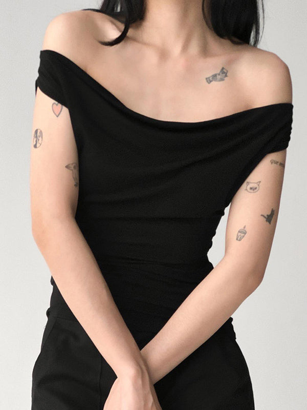 Backless Solid Color Split-Joint Tied Skinny Sleeveless Off-The-Shoulder T-Shirts Tops