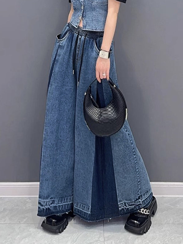 Contrast Color Drawstring Fringed Pockets Loose Wide Leg Jean Pants Bottoms