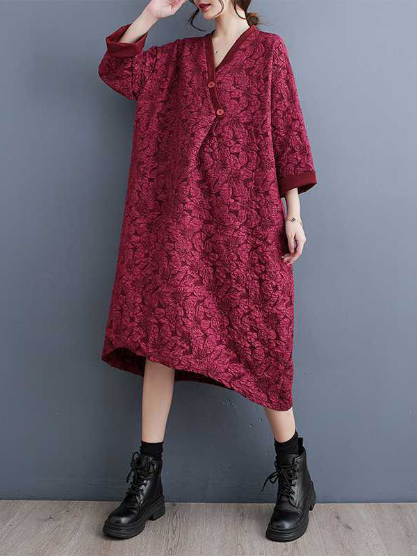Asymmetric Buttoned Jacquard A-line Half Sleeves V-neck Midi Dresses