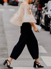 Solid Color Split-Joint High Waisted Loose Trousers Pants Ninth Pants