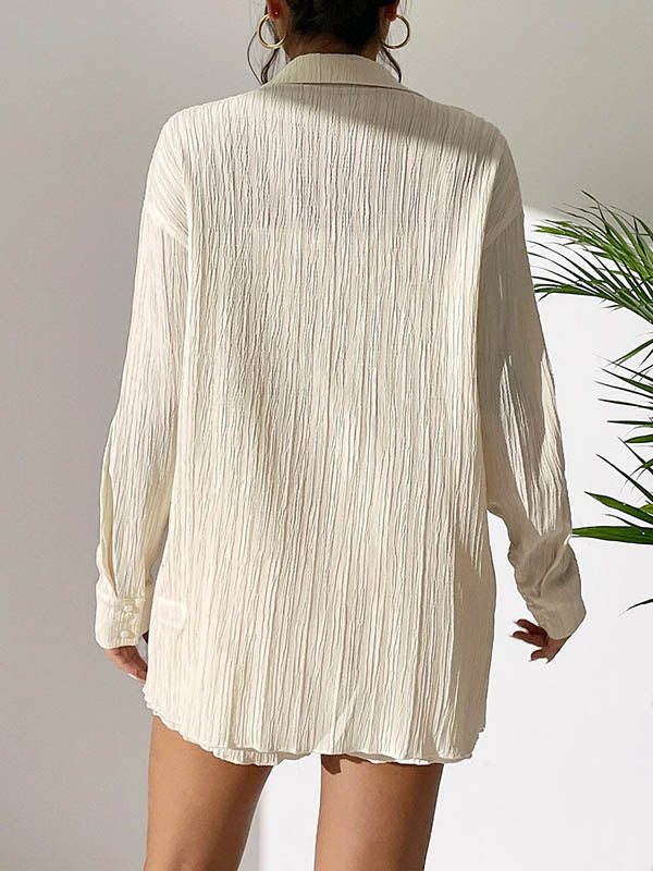 Loose Buttoned Long Sleeves Pleated Solid Color Lapel Shirts Top + Elasticity Shorts Bottom Two Pieces Set