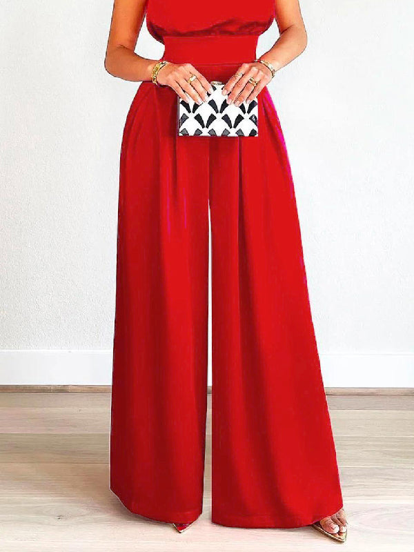Casual Wide Leg Sleeveless Solid Color High-Neck Jumpsuits