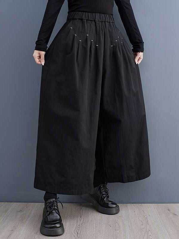 Elasticity Embroidered Pleated Loose Wide Leg Trousers Ninth Pants