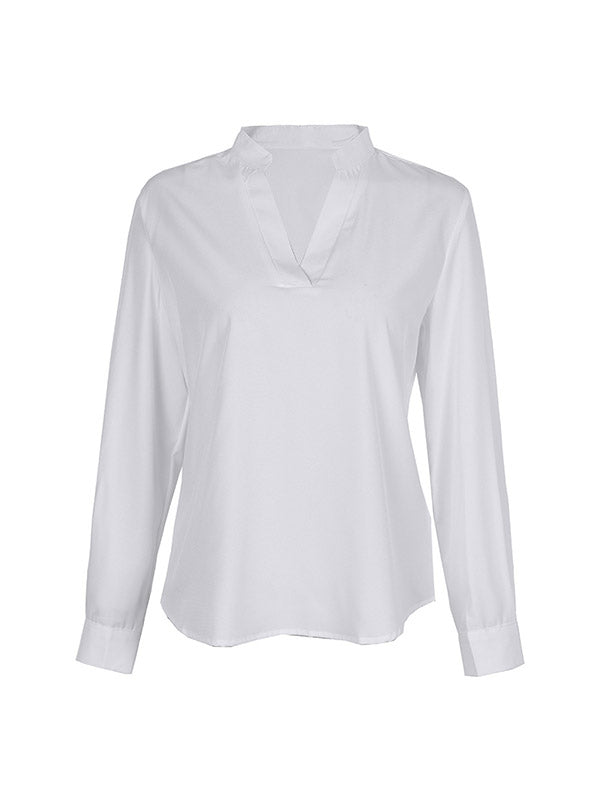 Solid Color Long Sleeves Loose V-neck Blouses&shirts Tops