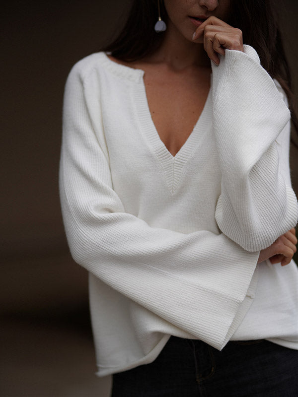 Casual Long Sleeves Loose Solid Color V-Neck Sweater Tops