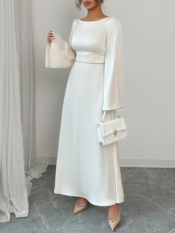 Solid Color Tied Zipper A-Line Flared Sleeves Round-Neck Maxi Dresses