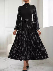Printed Split-Joint Long Sleeves Puff Sleeves High Neck Maxi Dresses