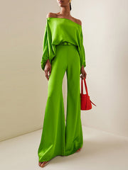 Solid Color Split-Joint Batwing Sleeves Loose Off-The-Shoulder Blouses