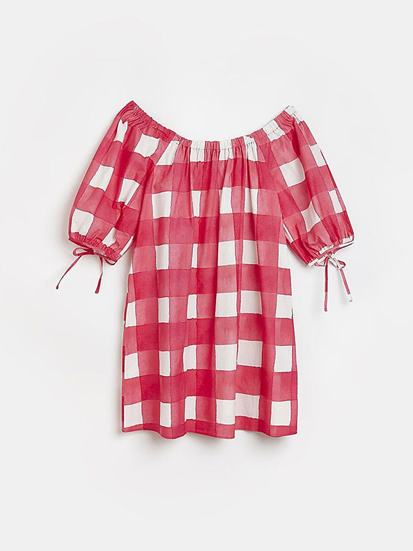 Elasticity Plaid Tied A-Line Half Sleeves Off-The-Shoulder Mini Dresses