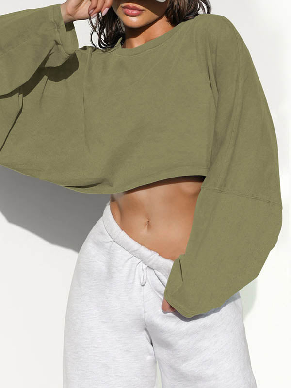 Solid Color Split-Joint Long Sleeves Loose Round-Neck Sweatshirt Tops