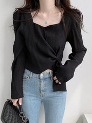 Original Solid Color Square-Neck Long Sleeves Tied Blouse